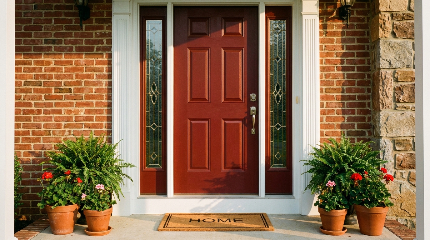 Newly installed front entry on a Northern Virginia colonial home — welcoming porch detail