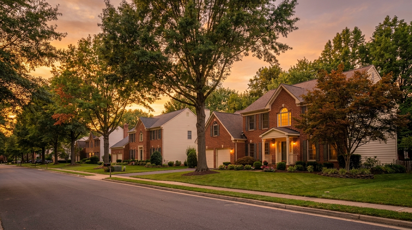 Northern Virginia residential neighborhood — row of well-maintained Loudoun and Fairfax County colonials at golden hour