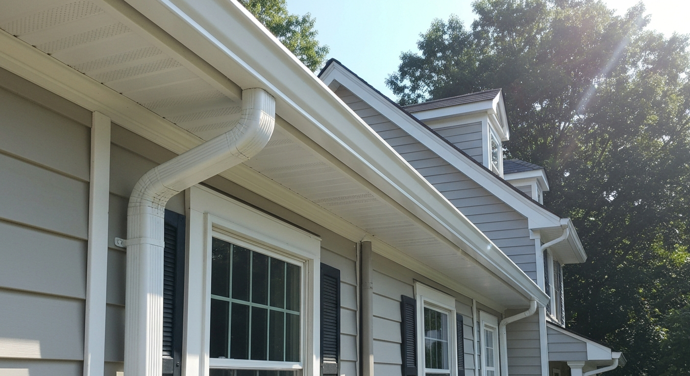 New seamless white K-style aluminum gutters on a Northern Virginia colonial home