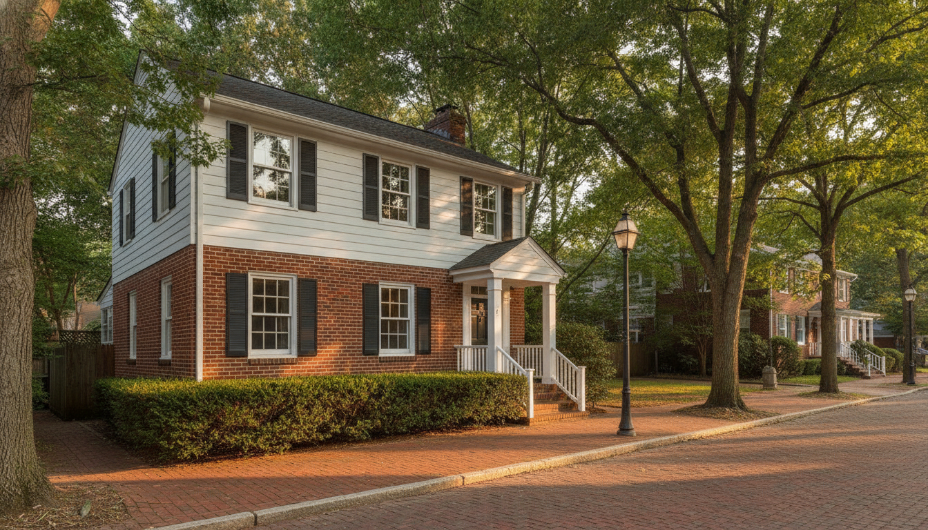 Alexandria, Virginia residential exterior โ 1920s brick and clapboard home on a brick sidewalk street